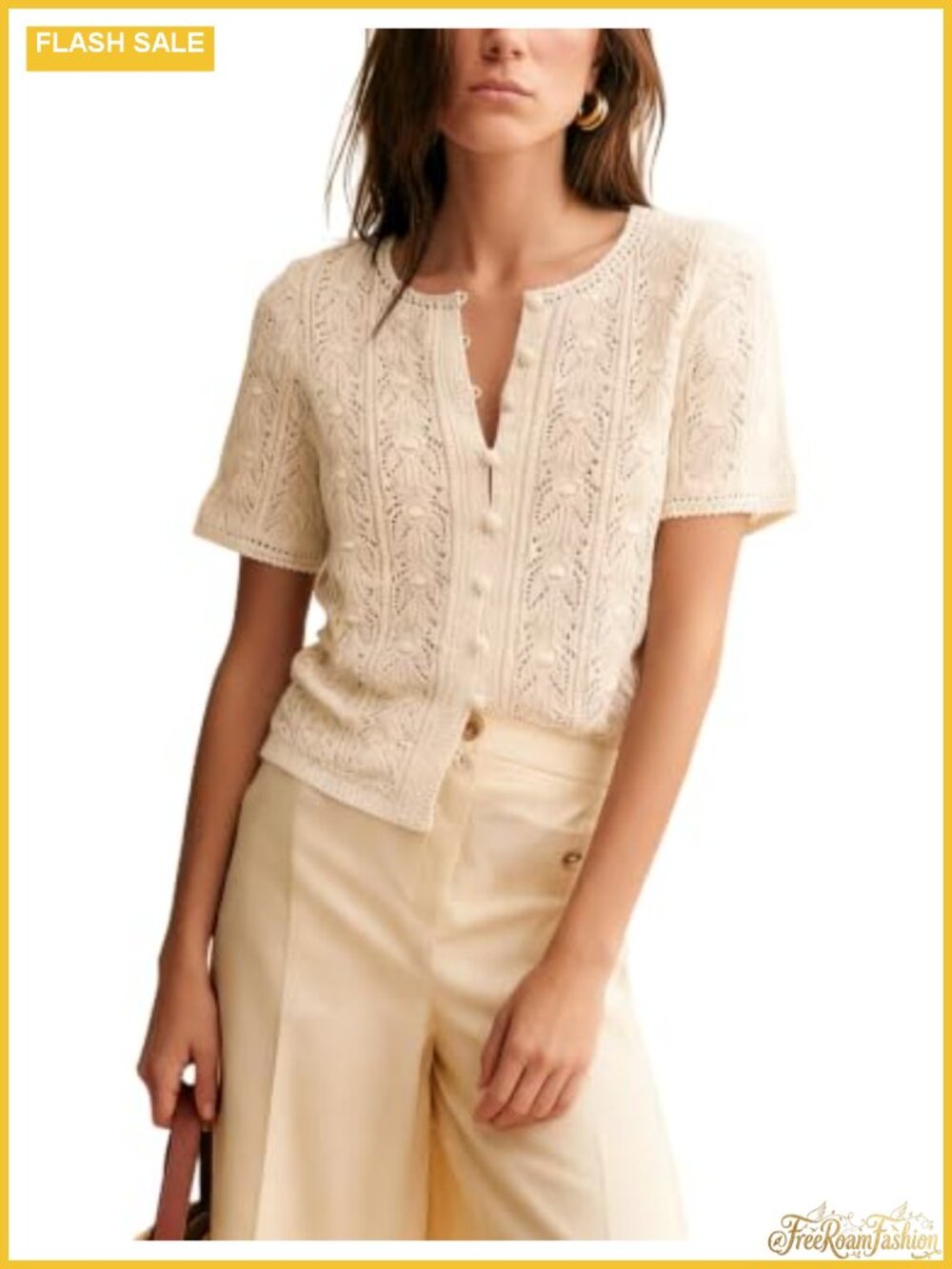 Women's Crochet Knit Cardigan - Cotton Casual Short Sleeve